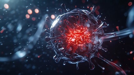 Wall Mural - 3D Render of a Virus with Red Glow and Blue Background.