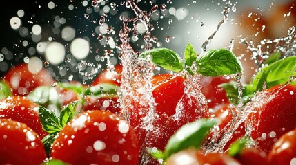 Wall Mural - Fresh Red Tomatoes and Basil Leaves Splashing in Water