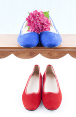 Wall Mural - Still life of red hydrangea petals with red and blue shoes on wooden table, South Korea 