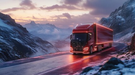 A red semi-trailer truck drives on a snowy mountain road at sunset.