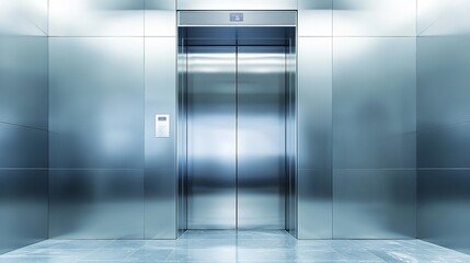 Shiny silver metal elevator doors in the lobby of a corporate business building. Up and down transportation with a hotel lift floor, steel entrance, showcasing technology and indoor architecture.