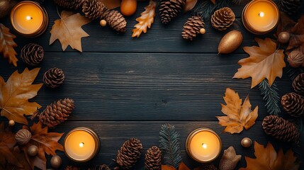 Autumn Background with Burning Candles  Pine Cones  and Fall Leaves