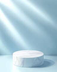 Poster - Minimalist Marble Podium on Pastel Blue Background with Soft Light Beams and Gradient Effect