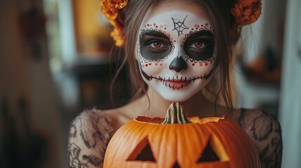 Wall Mural - Woman in Sugar Skull Makeup Holding a Jack o Lantern for Halloween