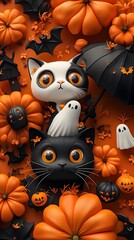 Wall Mural - Cute Halloween Cats with Pumpkins  Bats  and Ghosts