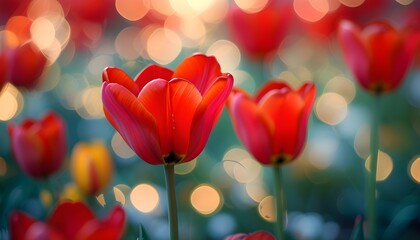 Dreamy meadow filled with red tulips under soft bokeh lights in a vibrant summer spring landscape