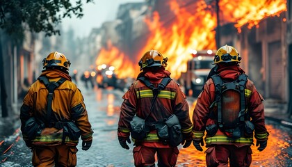 Wall Mural - Rescue Team Navigating Town Street Amidst Wildfire and Climate Change Crisis with Extreme Weather Implications