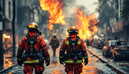 Wall Mural - Rescue Team Navigating Town Street Amidst Wildfire and Climate Change Crisis with Extreme Weather Implications