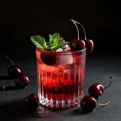 Wall Mural - cherry cocktail, glass with ice, fresh cherries, mint garnish, clear background, vibrant red, scattered ice cubes, refreshing drink, high-quality photo, close-up shot