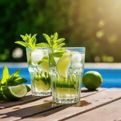 refreshing summer drinks, lime and mint mojitos, ice cubes, clear glasses, outdoor setting, sunny day, bokeh effect, green drink, poolside, tropical vibe, fresh mint garnish, glistening ice, vibrant c