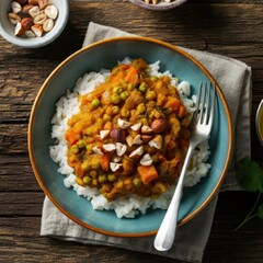 Wall Mural - bowl of rice and stew, hearty vegetables, nuts garnish, vibrant colors, comforting meal, detailed texture, top view, wooden table background, cozy ambiance