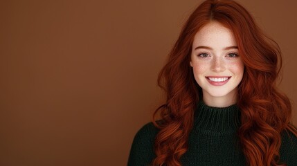 Canvas Print - Smiling Redhead Woman with Long Curly Hair on Brown Background