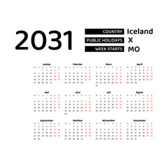 Wall Mural - Calendar 2031 Icelandic language with Iceland public holidays. Week starts from Monday. Graphic design vector illustration.