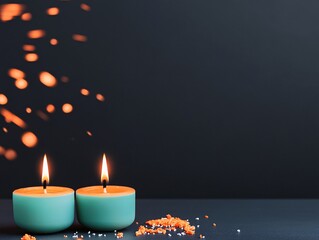 Two candles are lit on a dark background