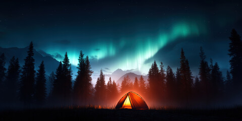 Wall Mural - A small tent is set up in a forest at night