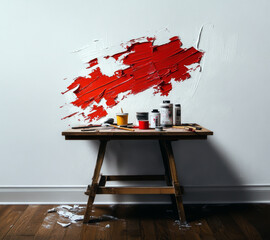Poster - A table with paint cans and brushes on it, with a red splatter on the wall