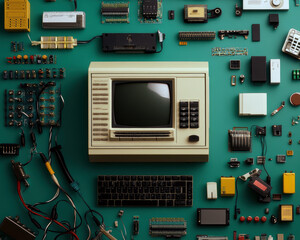 Poster - A collection of electronic components, including a television