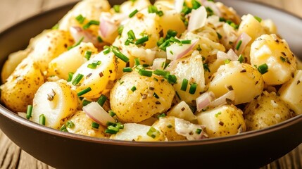 Wall Mural - Delicious Potato Salad with Red Onion and Chives in Bowl