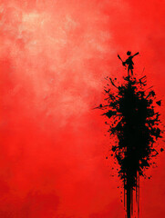 Poster - A red background with a black and white figure in the foreground