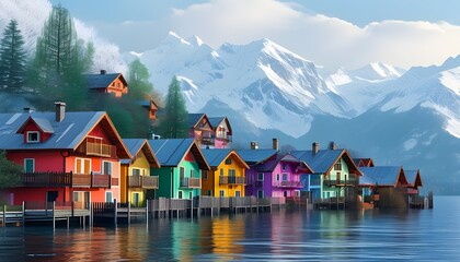 Wall Mural - vibrant lakeside village with colorful houses and stunning snow-capped mountains in the backdrop