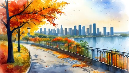 Wall Mural - Autumn Cityscape in Watercolor: A Vibrant Illustration Capturing Urban Beauty Through Generative AI Techniques