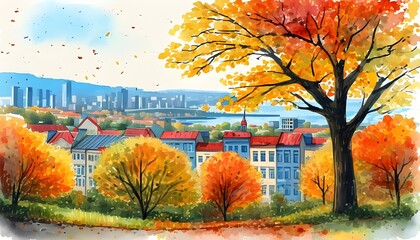 Wall Mural - Autumn Cityscape in Watercolor: A Vibrant Illustration Capturing Urban Beauty Through Generative AI Techniques