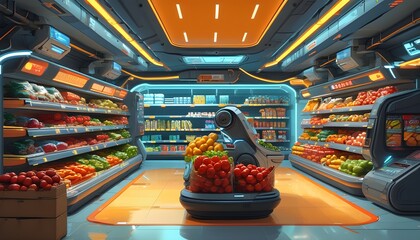 Wall Mural - futuristic supermarket with advanced cyber interface and innovative machines showcasing modern lifestyle concepts