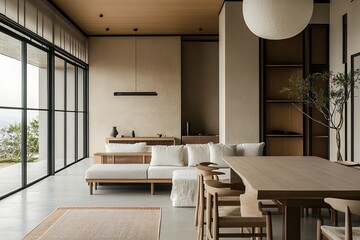 Wall Mural - Modern living room with a minimalist Japandi design featuring a dining table.