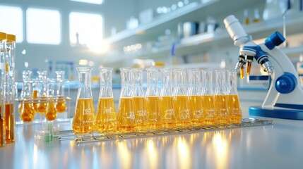 Poster - Chemical Laboratory Experiment with Flasks  Microscope and Yellow Liquid