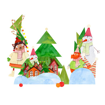 Christmas frame with a cat, dinosaur and snowman