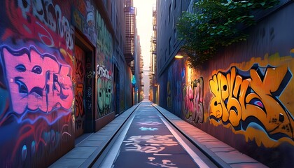 Wall Mural - vibrant city street with narrow paths illuminated by colorful lights and adorned with striking graffiti walls