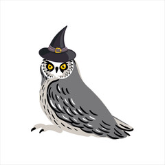 Sticker - vector drawing bird, great horned owl with black witch hat, halloween symbol, hand drawn Bubo virginianus , isolated nature design element