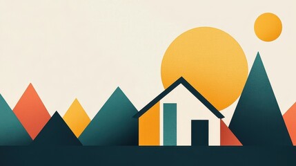 Poster - Abstract Geometric Landscape with House and Sun