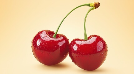 Wall Mural - Two Red Cherries with Water Drops on a Yellow Background