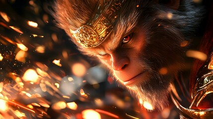 Wall Mural - Monkey King Close Up with Golden Crown and Sparks