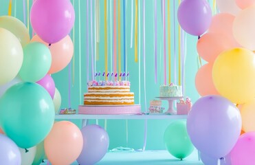 Wall Mural - A colorful birthday setup with pastel balloons, a large cake table, and streamers hanging from the ceiling, creating a festive atmosphere