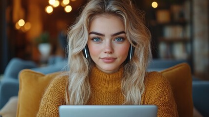 Wall Mural - Young Woman Working on Tablet in Cozy Cafe