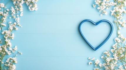 Wall Mural - Blue Heart with White Flowers on a Light Blue Wooden Background