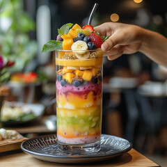 A vibrant and colorful fruit parfait is being assembled, showcasing layers of fresh fruits like mango, banana, and berries. presentation is visually appealing, perfect for refreshing treat