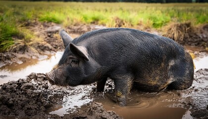 black pig enjoying a muddy field in the countryside
