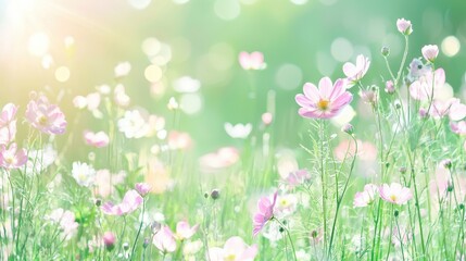 Poster - Soft Pink Cosmos Flowers in a Meadow with Sunlit Bokeh