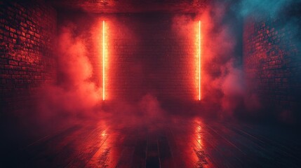 Canvas Print - Red Neon Light in a Smoky Brick Room