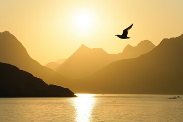 Sea bird flying over the silhouetted mountains with the golden light of sunrise shining on the western fjords of kalaallit nunaat- west greenland, greenland, ai