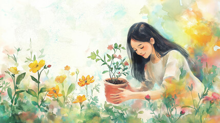 A young woman joyfully plants a flower in a vibrant garden, surrounded by colorful blooms and a serene atmosphere.