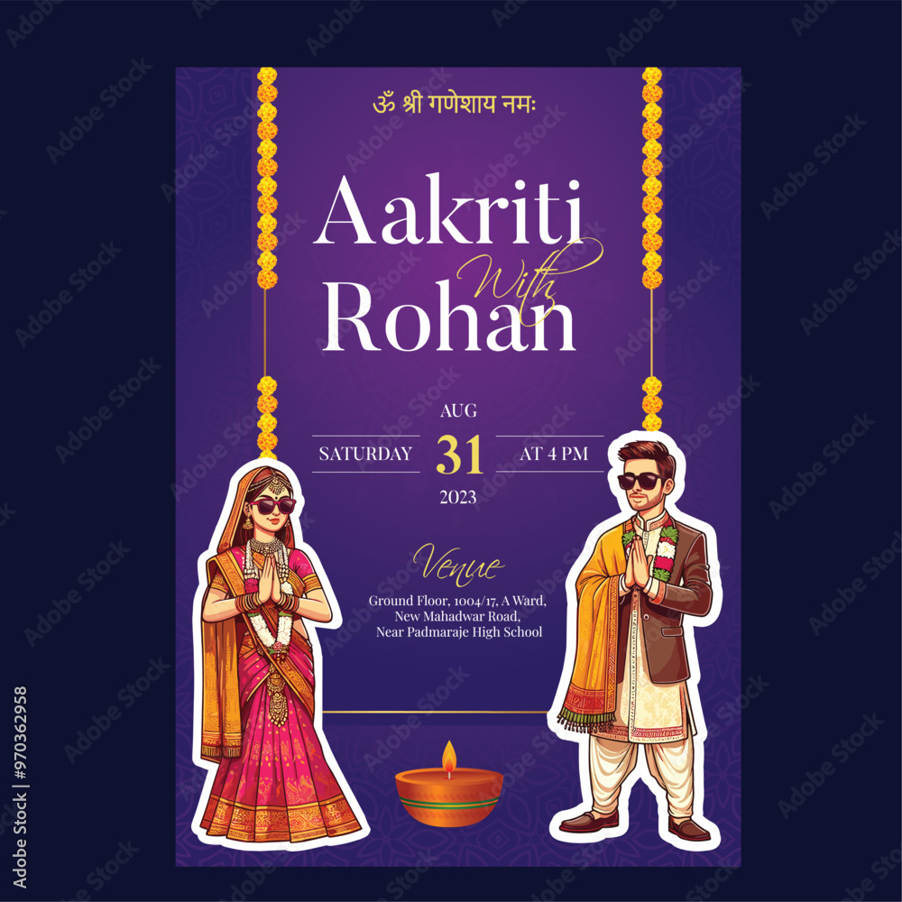 Traditional Royal Wedding Invitation card design with Bride and Groom ...