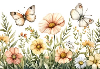 Watercolor Floral Border with Butterflies