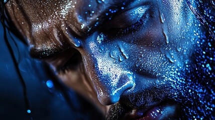 Wall Mural - Close Up of Man s Face Covered in Water Drops