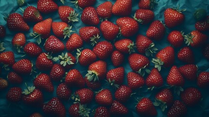 Wall Mural - Close up of fresh red strawberries on a blue background