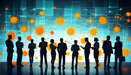 Wall Mural - Silhouetted Business Professionals Collaborating in a Digital Network of Interconnected Lines and Circles