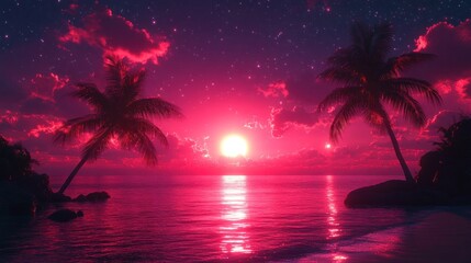 Poster - Tropical Sunset with Palm Trees